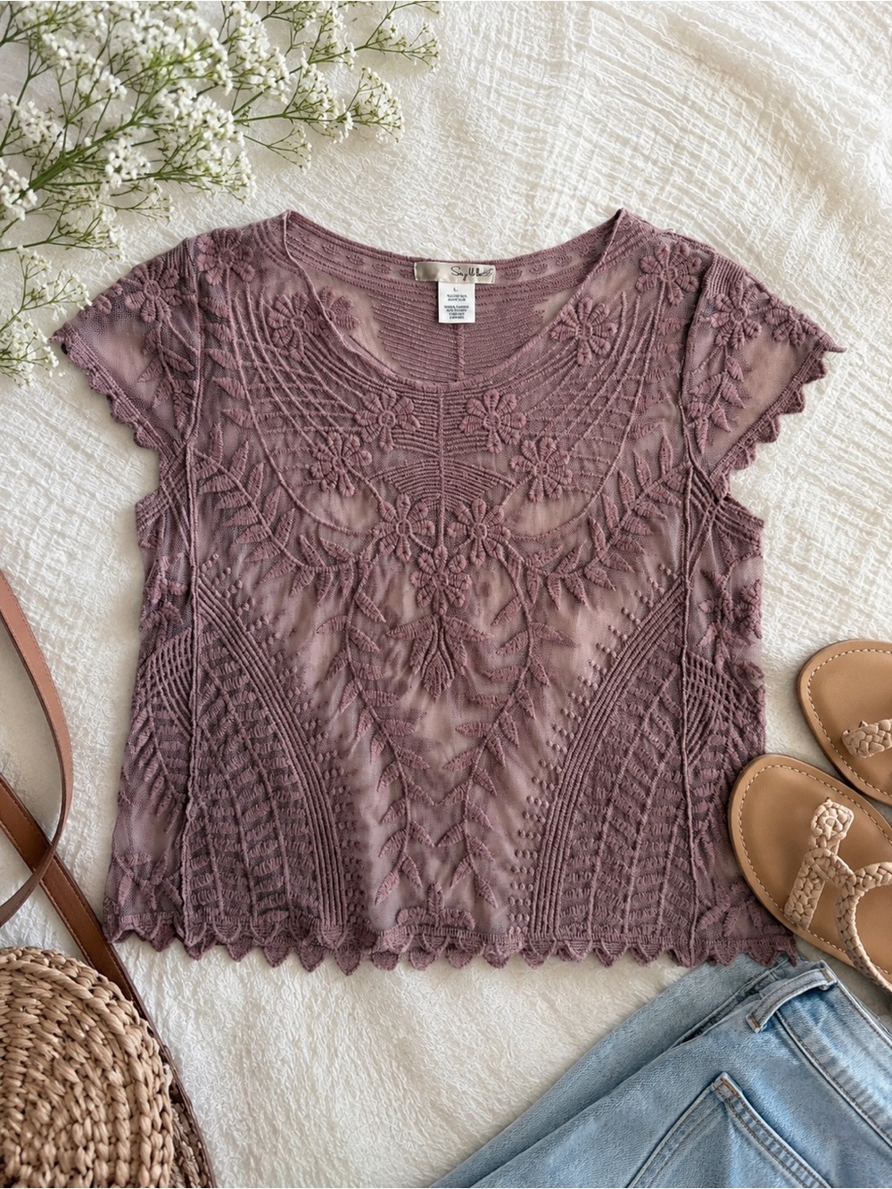 Say What? Mauve Embroidered Lace Mesh Top Size Large Boho Romantic